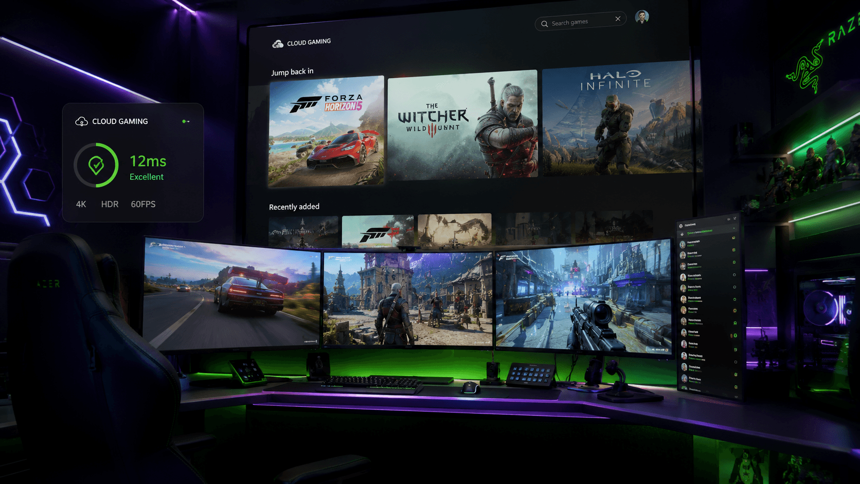 Setup de cloud gaming com múltiplos monitores